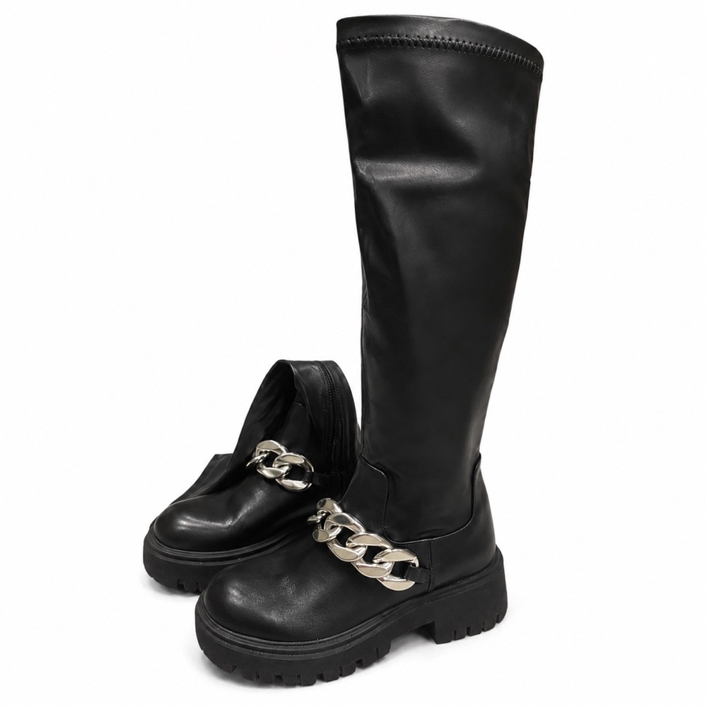 ALDO Black Knee High Chunky Boots Silver Chain Platform Boots